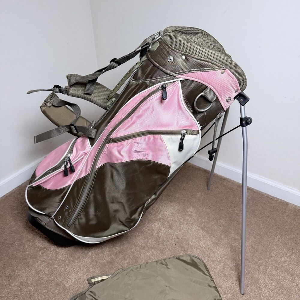 Outward 9 Orbit II Golf Stand Bag Pink Tan Beige 7-Way Carry Rain Hood